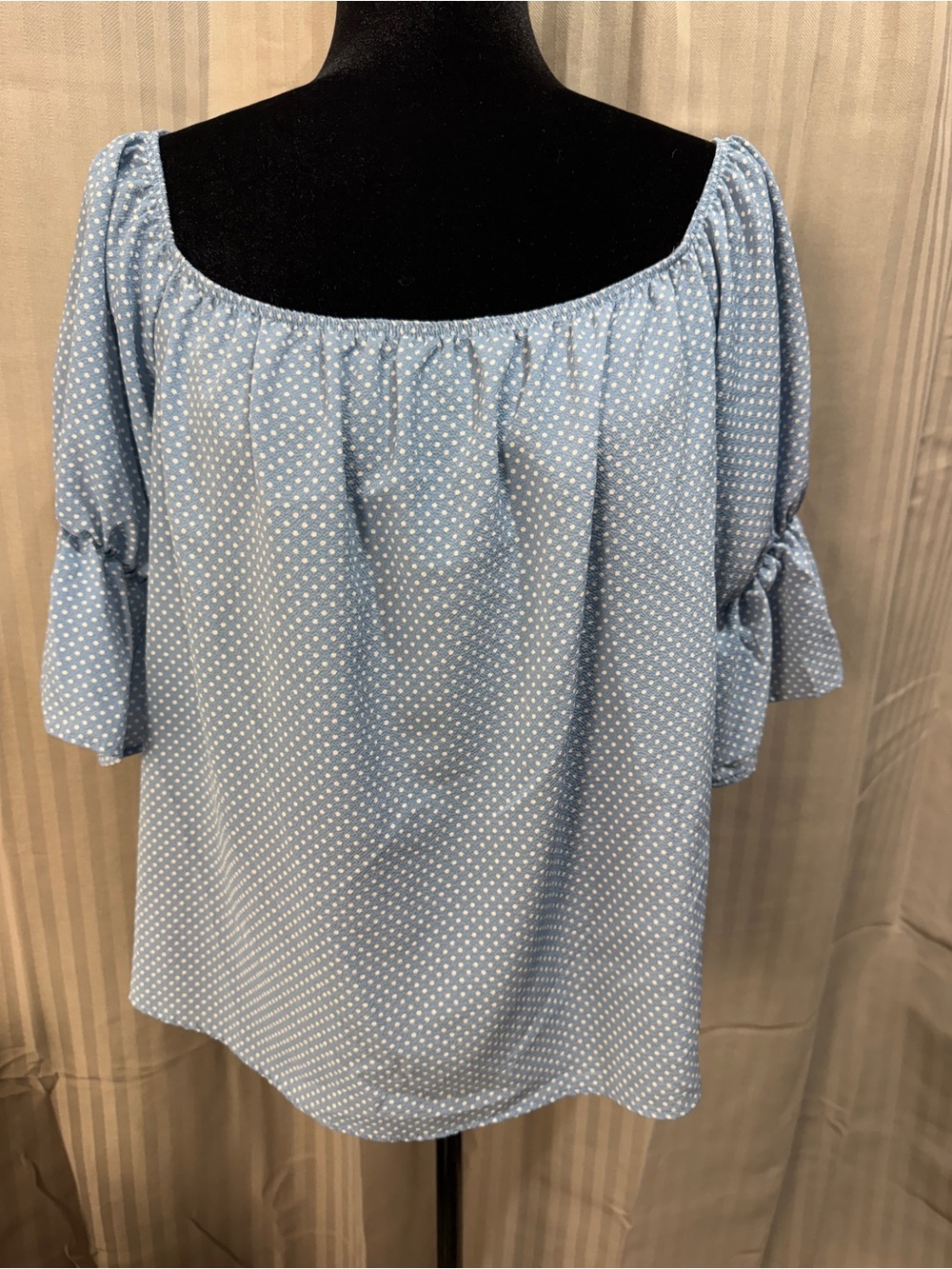 Wanderlux Blue Polka Dot Puff Sleeve Bow Tie Cottagecore Blouse